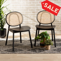 Baxton Studio C16-Black-Beechwood/Rattan-DC Halen Mid-Century Modern Brown Woven Rattan and Black Wood Finished 2-Piece Cane Dining Chair Set<